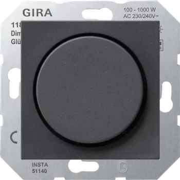 Светорегулятор поворотно-нажимной Gira System 55 для ламп накаливания 230в и галогеновых ламп 220в, без нейтрали, антрацит