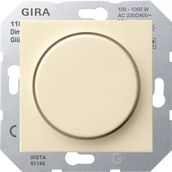Светорегулятор поворотно-нажимной Gira System 55 для ламп накаливания 230в, электронных и обмоточных трансформаторов 12в, без нейтрали, кремовый глянцевый