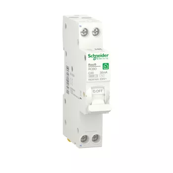 Автоматический выключатель дифференциального тока (АВДТ) Schneider Electric Resi9, 20A, 30mA, тип AC, кривая отключения C, 2 полюса, 6kA, электро-механического типа, ширина 1 модуль DIN