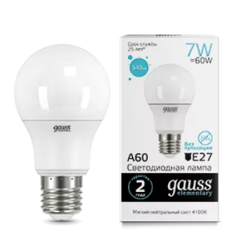 Лампа Gauss Elementary A60 7W 540lm 4100K E27 LED 220V