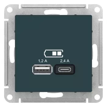 Розетка usb для зарядки Schneider Electric Atlas Design, с разъёмами тип А + тип С, на винтах, изумруд