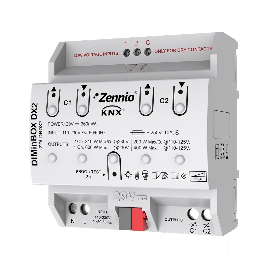 

Универсальный диммер KNX/EIB DIMinBOX DX2, двухканальный, 2x 5-310Вт/BA, поддержка LED и CFL, 2Al/Dl