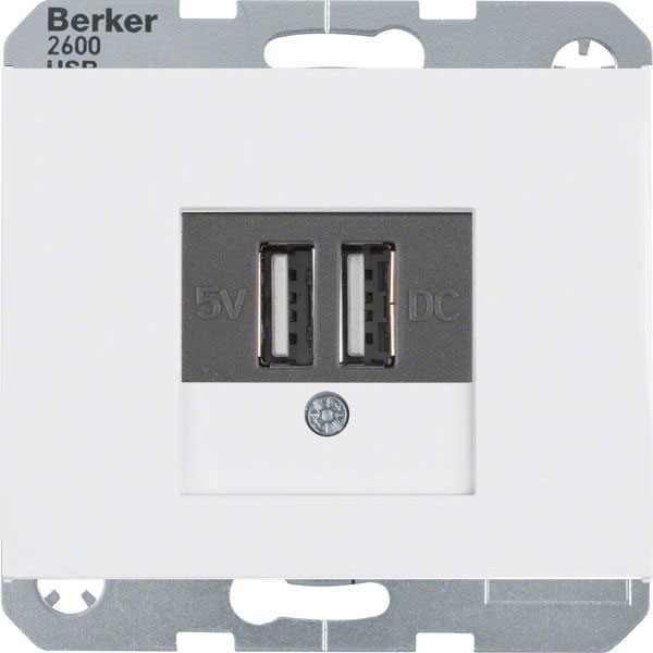 Розетка usb для зарядки Berker K.1; K.5, с двумя разъёмами типа А, на винтах, белый глянцевый