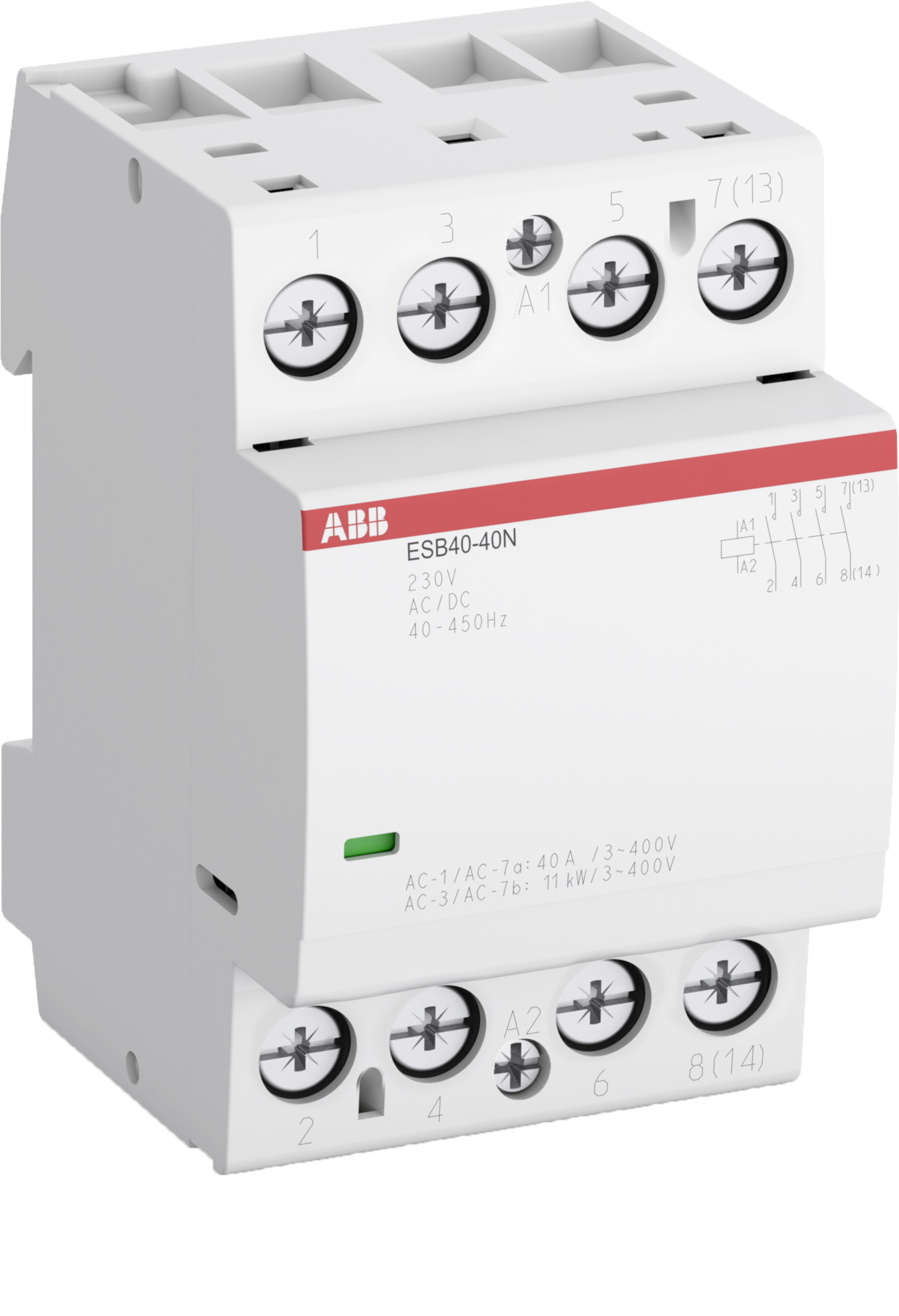 

Abb SST Контактор ESB40-40N-08 модульный (40А АС-1, 4НО), катушка 415В AC/DC