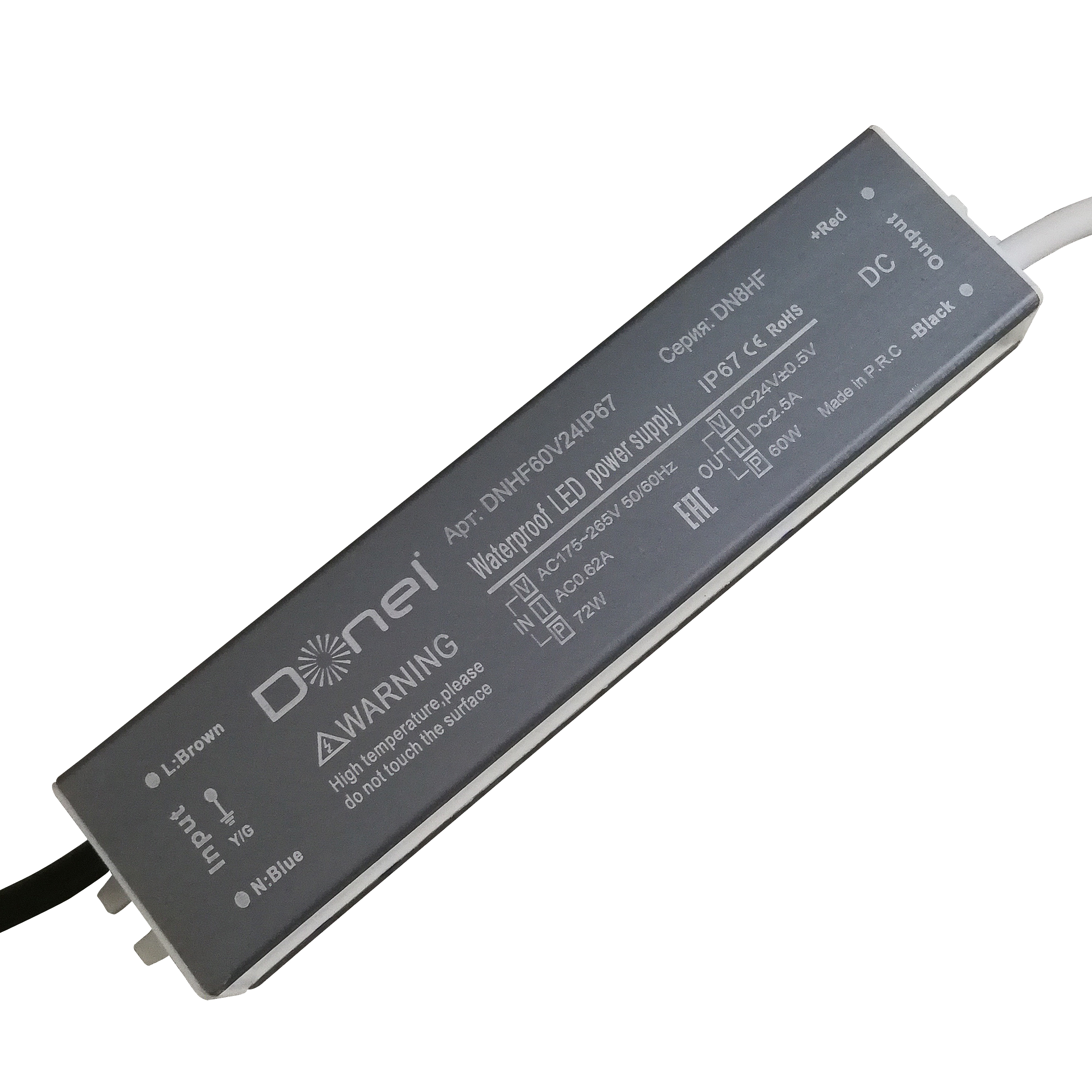 Donel,60Вт,DC24В,2.5А, IP67, 180x40x23мм,блок питания для светодиодной ленты,серия:DN8HF