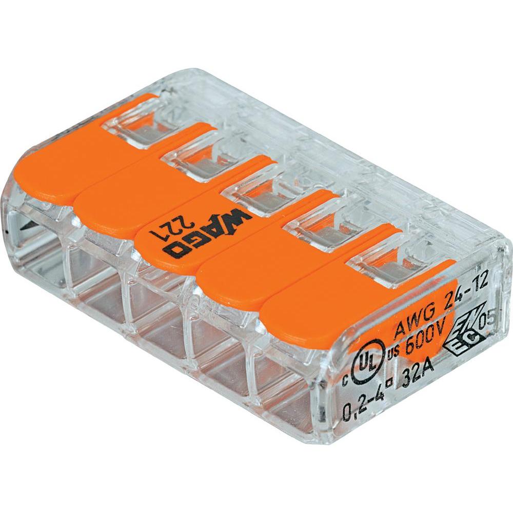 Клеммы Wago 221-415 с рычагами на 5 проводников до 40 квмм 32А прозрачные без пасты в коробке 25 шт 3200₽