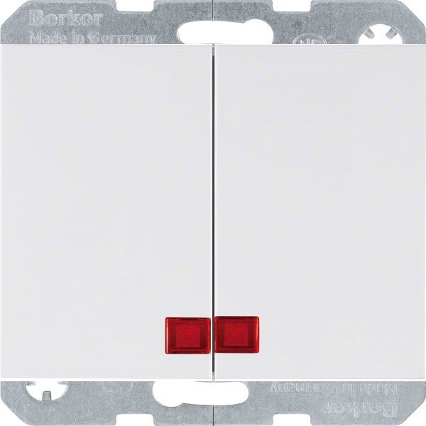 Кнопка звонка двухклавишная (2н.о.) Berker K.1; K.5 с красной подсветкой, на винтах, белый глянцевый