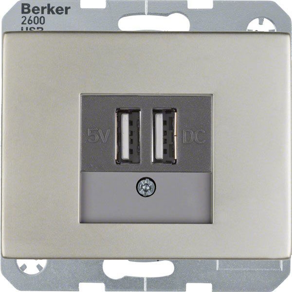 Розетка usb для зарядки Berker K.1; K.5, с двумя разъёмами типа А, на винтах, нержавеющая сталь