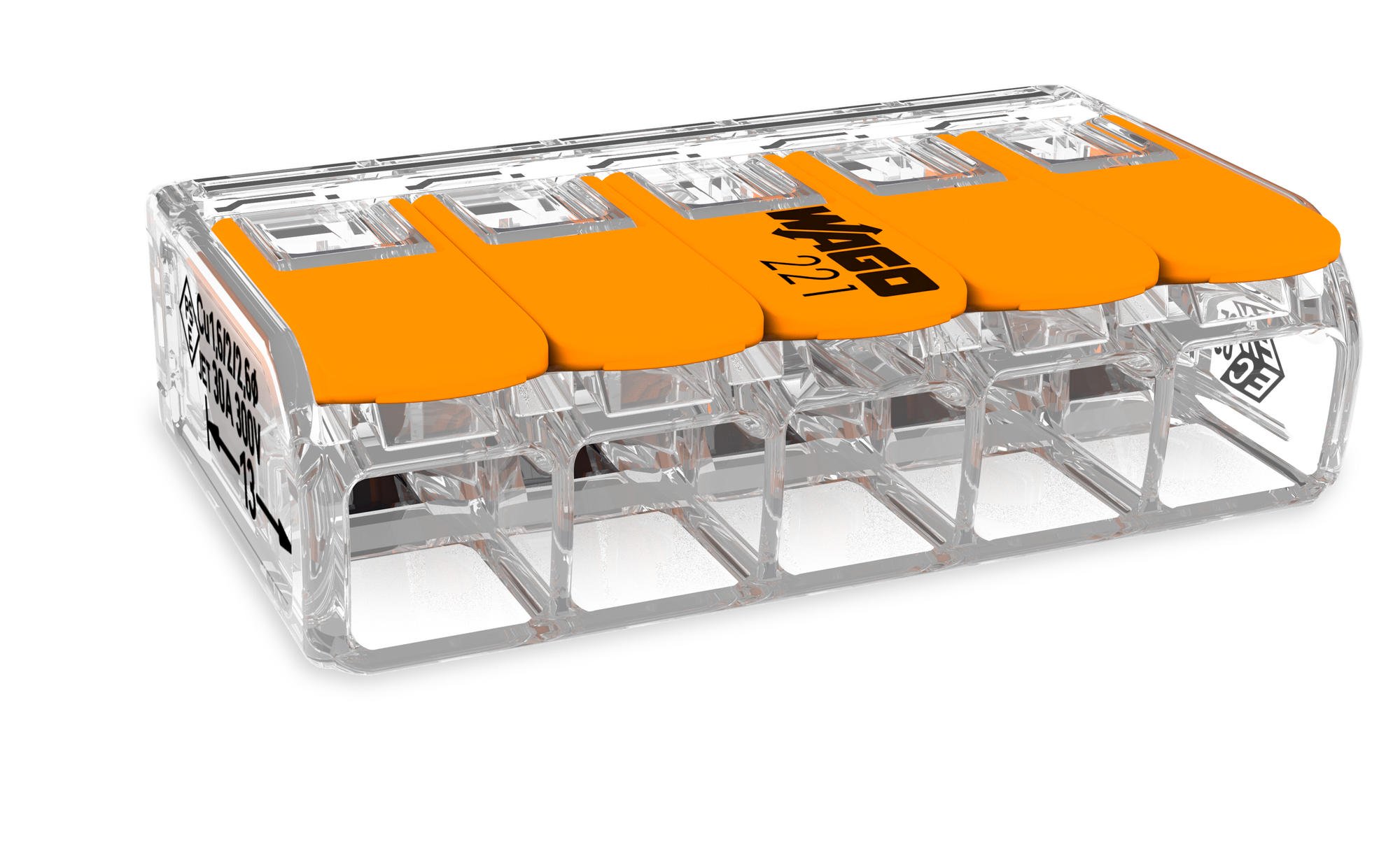 Клеммы Wago 221-615 с рычагами на 5 проводников до 60 квмм 41А прозрачные без пасты в коробке 15 шт 2670₽