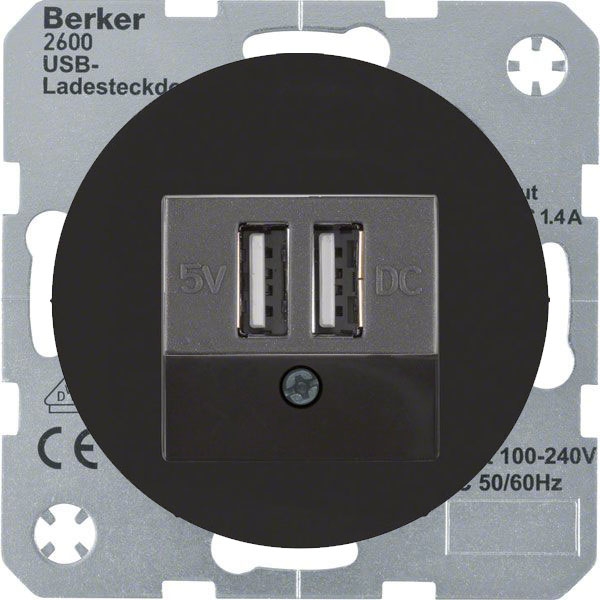 Розетка usb для зарядки Berker R.1; R.3, с двумя разъёмами типа А, на винтах, черный глянцевый