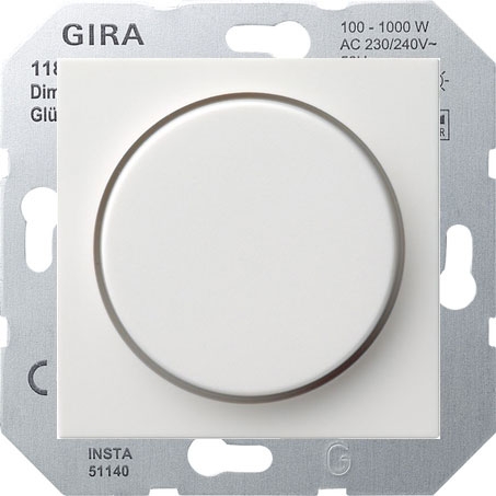 Светорегулятор поворотно-нажимной Gira System 55 для ламп накаливания 230в и галогеновых ламп 220в, без нейтрали, белый матовый