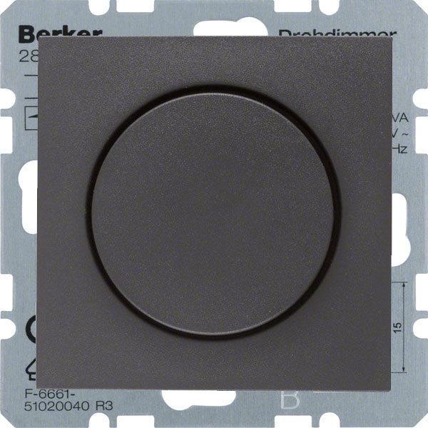 Светорегулятор поворотно-нажимной Berker S.1;B.3;B.7 для ламп накаливания 230в, электронных и обмоточных трансформаторов 12в, без нейтрали, антрацит матовый
