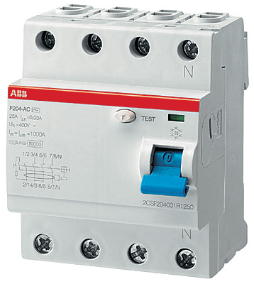 Устройство защитного отключения (УЗО) ABB F200, 4 полюса, 125A, 30 mA, тип A, электро-механическое, ширина 4 DIN-модуля