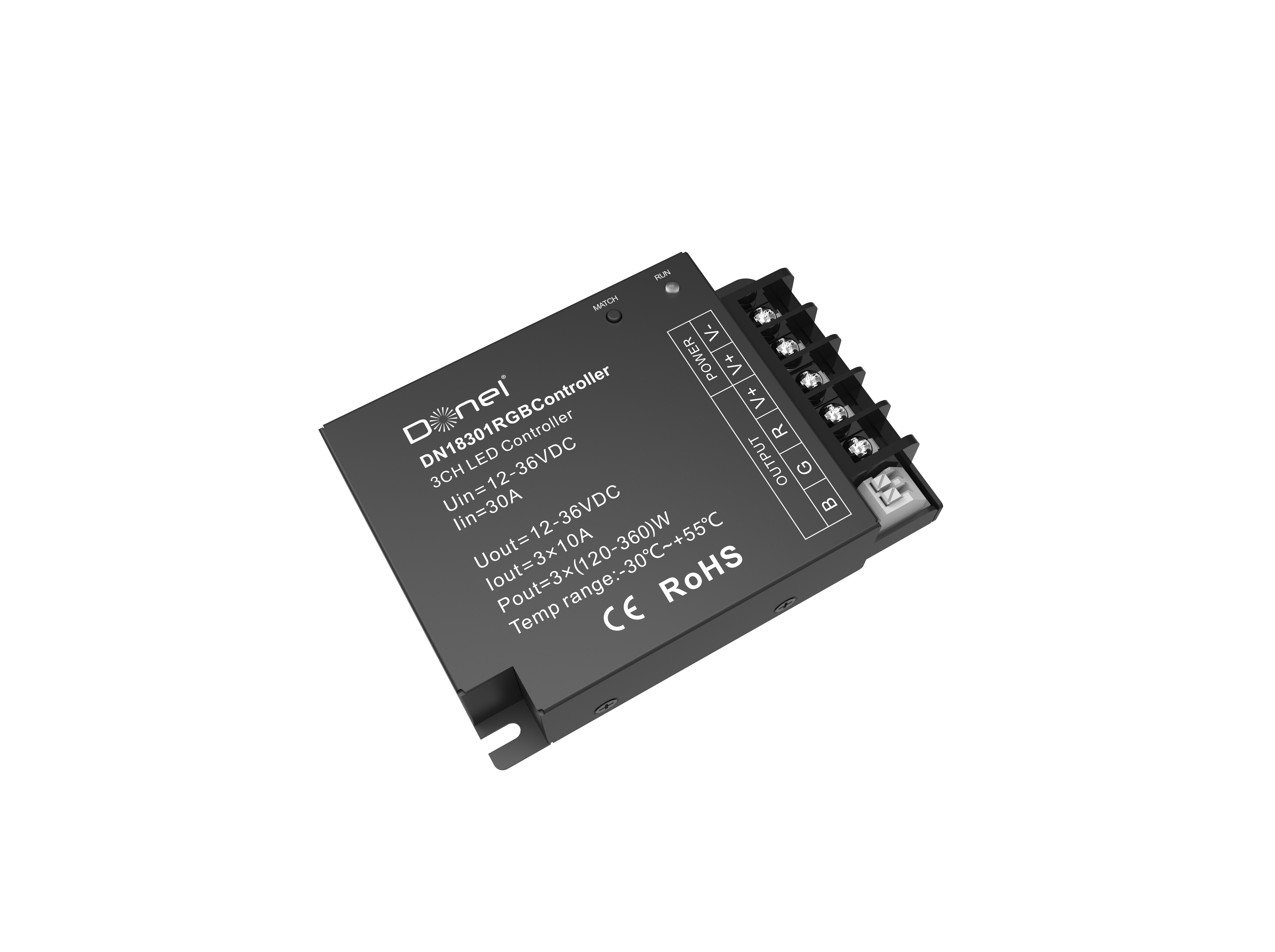 RGB контроллер , напряжение питания 12-36V, 3х10А, выходная мощность 1×(360-1080)W, RF 2,4Ghz