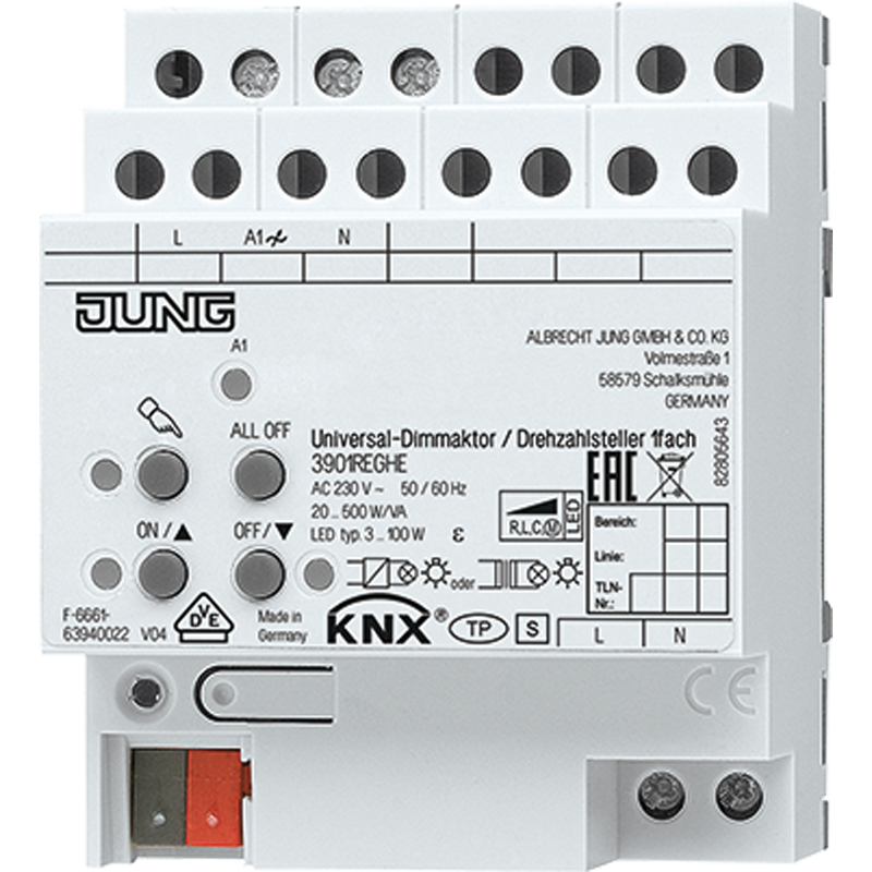 

KNX универсальный диммер, 1 канал 20-500 W/VA 3901REGHE Jung