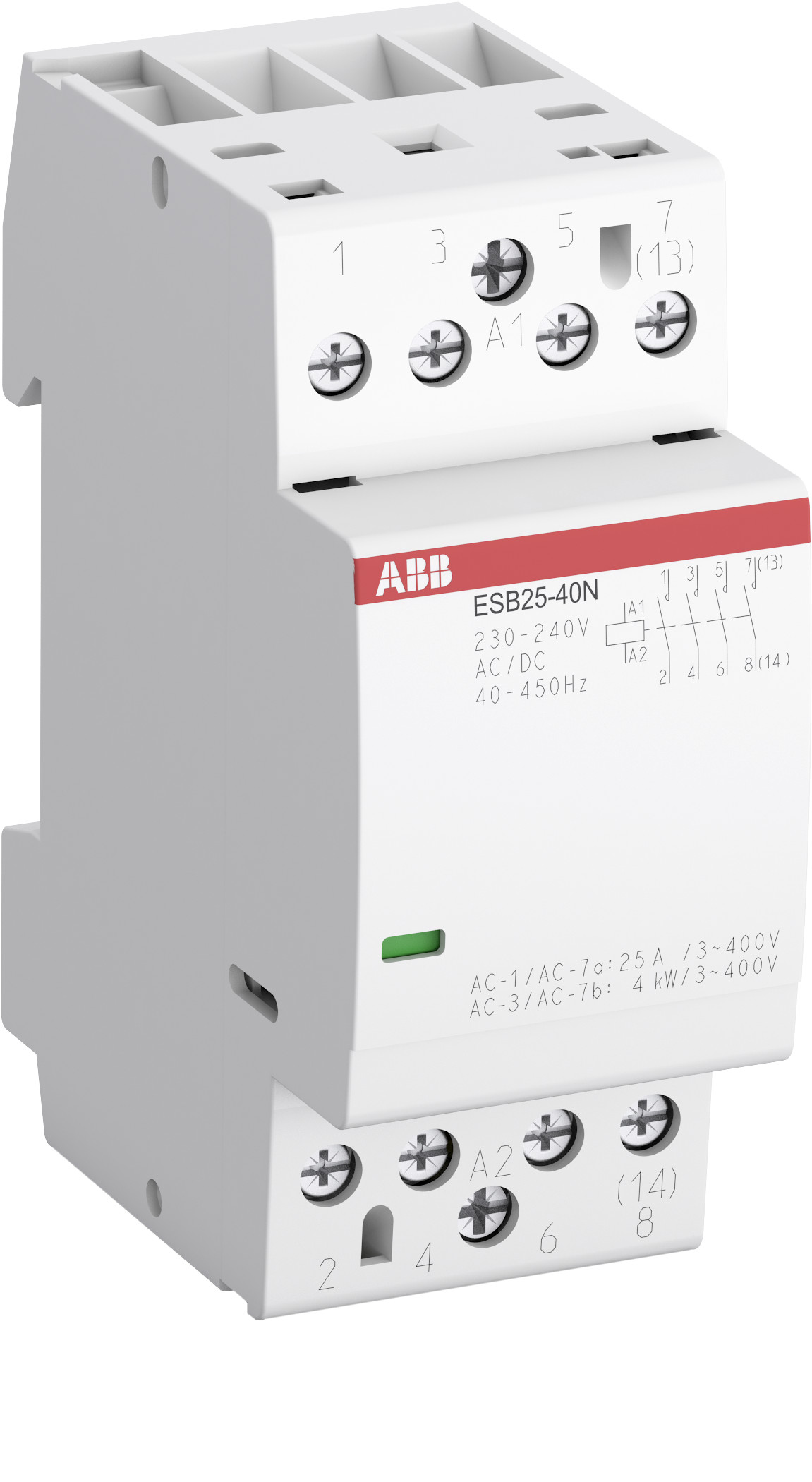 

Abb SST Контактор ESB25-13N-06 модульный (25А АС-1, 1НО+3НЗ), катушка 230В AC/DC