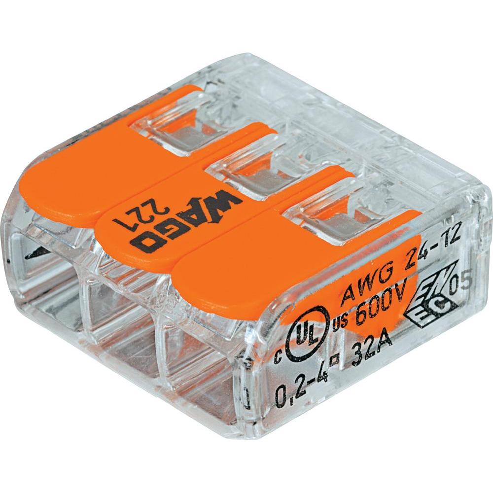 Клеммы Wago 221-413 с рычагами на 3 проводника до 40 квмм 32А прозрачные без пасты в коробке 50 шт 3850₽