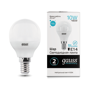 

Лампа Gauss Elementary Шар 10W 730lm 4100K Е14 LED 220V