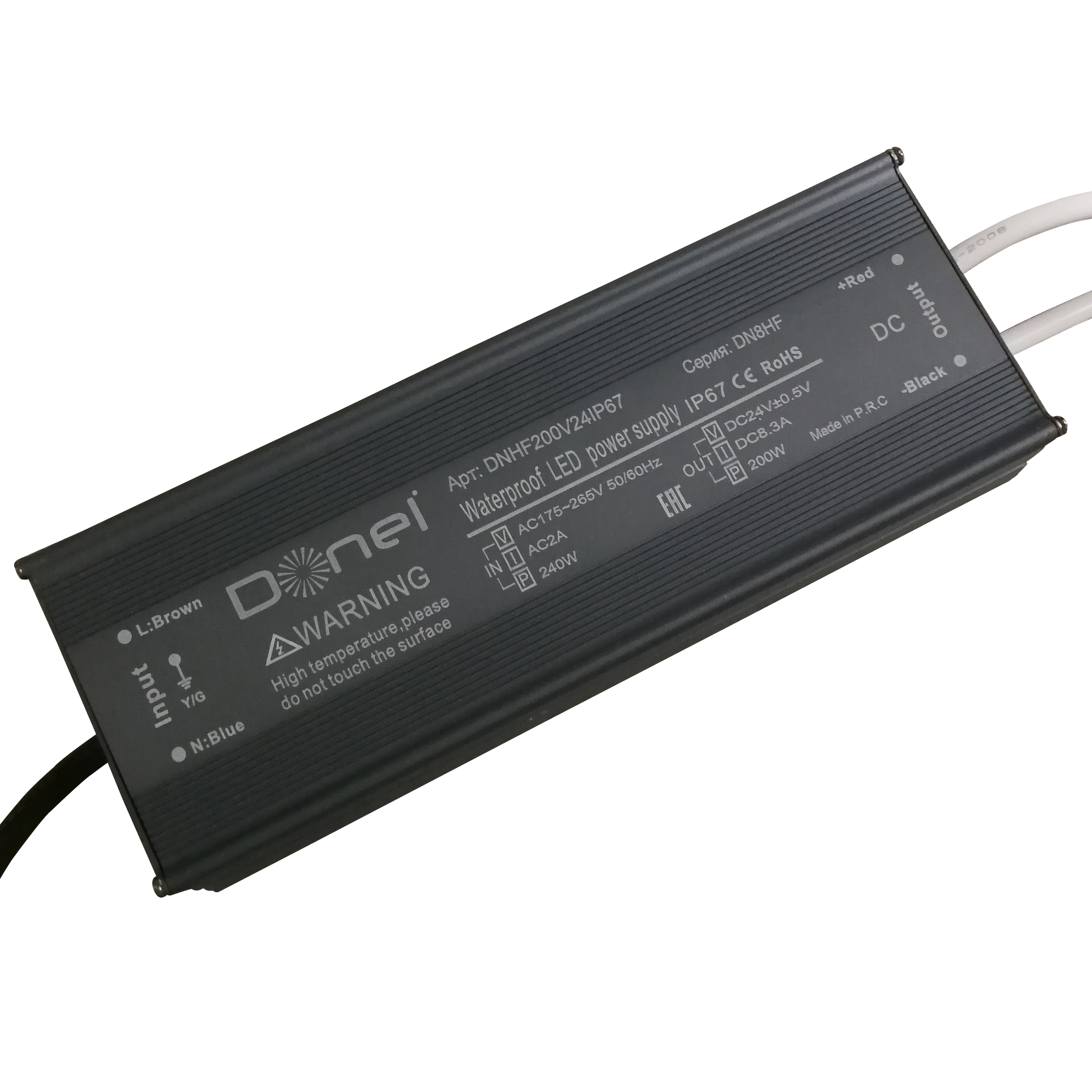 Donel,200Вт,DC24В,8.33А, IP67, 215x71x35 мм, блок питания для светодиодной ленты,серия:DN8HF
