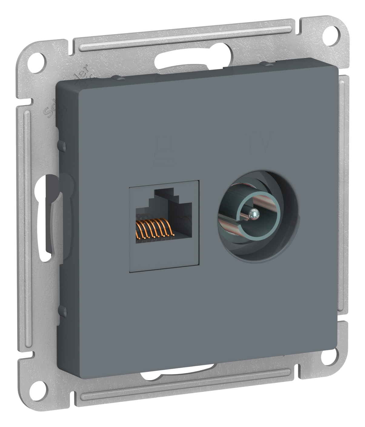 

Розетка комбинированная телевизионная простая + компьютерная Schneider Electric Atlas Design 2-й разъем, UTP RJ45 Cat.5 + TV, грифель, AtlasDesign